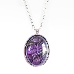 Black and purple acrylic paint pour color shift pendant on silver necklace